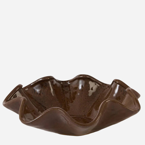 Ronde schaal Godeni met golvende rand in terracotta bruin keramiek, Ø35 cm